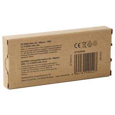 Boîte de vente au détail en carton pour chargeur de piles AA/AAA rechargeables, étiquetée en allemand avec code-barres, symboles CE et de recyclage.