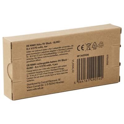 Boîte en carton pour un pack de batterie rechargeable 9V étiqueté 'DE NIHM Akku 9V Block'; le côté affiche un code-barres et des symboles de recyclage.