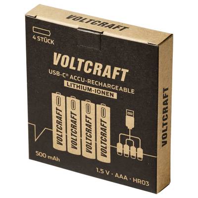Boîte Voltcraft de 4 batteries lithium-ion rechargeables par USB AAA, étiquetées 500 mAh et 1,5 V HR03.