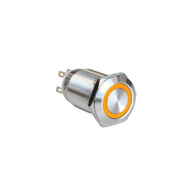 Un bouton-poussoir métallique avec un anneau LED orange circulaire, présentant plusieurs broches de connexion à l'arrière pour l'installation.