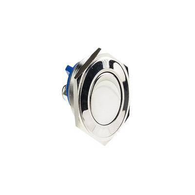 Un interrupteur à bouton-poussoir métallique avec une base hexagonale et un connecteur bleu, conçu pour un montage en panneau dans diverses applications électroniques.