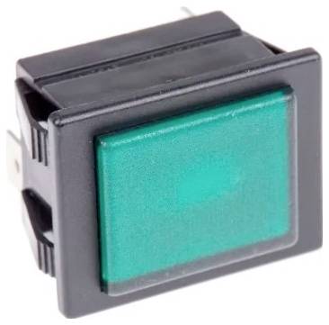 Un bouton-poussoir rectangulaire vert, souvent utilisé en électronique pour contrôler l'alimentation ou basculer des fonctions.