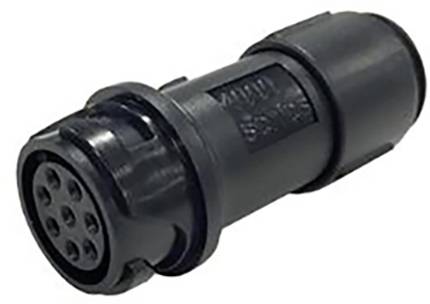 Un connecteur électrique cylindrique sombre avec plusieurs emplacements de broches, utilisé pour connecter des câbles d'alimentation ou de données dans les systèmes électroniques.