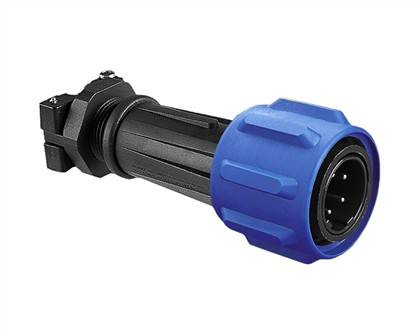 Un connecteur industriel noir et bleu au design cylindrique, doté de plusieurs broches pour des connexions électriques.