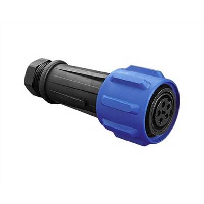 Un connecteur de câble industriel noir avec une prise texturée bleue.