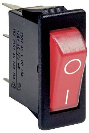 Un interrupteur à bascule rectangulaire rouge, avec un symbole « I » pour « marche » et un symbole « O » pour « arrêt », conçu pour les appareils électriques.