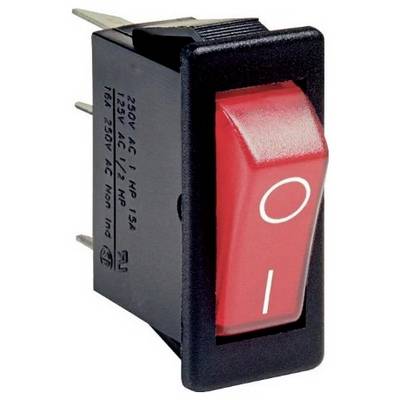 Un interrupteur à bascule rectangulaire rouge, avec un symbole « I » pour « marche » et un symbole « O » pour « arrêt », conçu pour les appareils électriques.