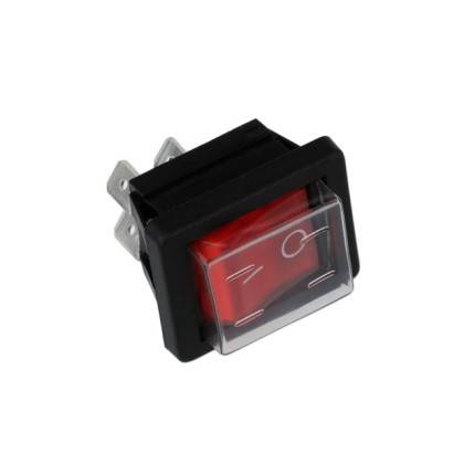 Un interrupteur à bascule rouge avec un cadre noir et un couvercle transparent. Il dispose de trois broches métalliques à l'arrière pour les connexions électriques.
