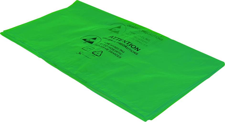 Sac antistatique vert étiqueté avec des symboles de mise en garde et du texte indiquant la protection des dispositifs sensibles aux décharges électrostatiques.