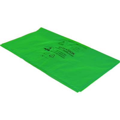 Sac antistatique vert étiqueté avec des symboles de mise en garde et du texte indiquant la protection des dispositifs sensibles aux décharges électrostatiques.