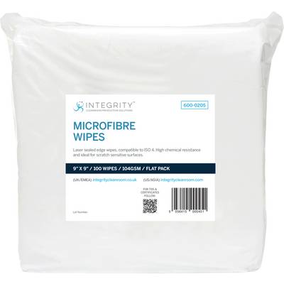Paquet de lingettes de nettoyage en microfibre 'Integrity', 9"x9", 104 g/m², en format plat, pour utilisation en salle blanche. Contient 100 lingettes. Haute résistance chimique.