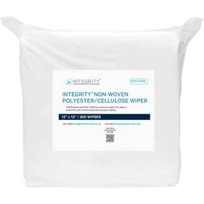 Emballage d'essui-tout non-tissé 'Integrity'. 12"x12", 300 lingettes par paquet. Composition à 45% polyester, 55% cellulose, adapté à différents usages.