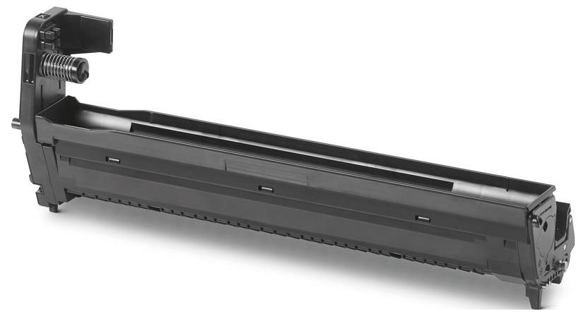 Une cartouche de toner noir pour imprimante avec mécanisme à ressort visible sur le côté, conçue pour être installée dans des imprimantes compatibles.