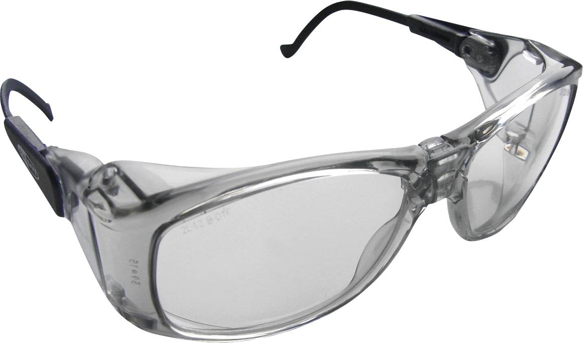 Lunettes de sécurité transparentes avec branches noires, conçues pour la protection des yeux.