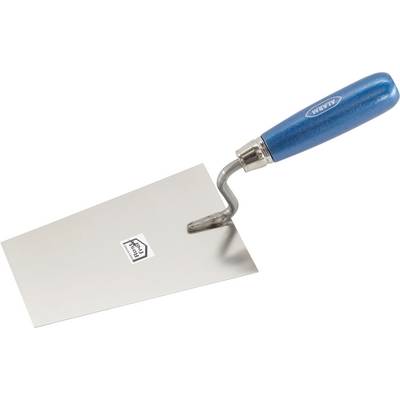 Une truelle en métal avec un manche bleu, dotée d'une large lame plate et d'un bord relevé. Utilisée pour lisser ou étaler des matériaux.