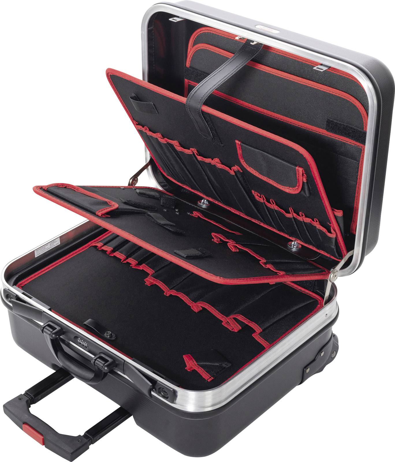 Ouvrez une mallette rigide noire et rouge avec coque dure, dotée de compartiments pour un rangement organisé, reposant sur des roues et équipée d'une poignée télescopique.