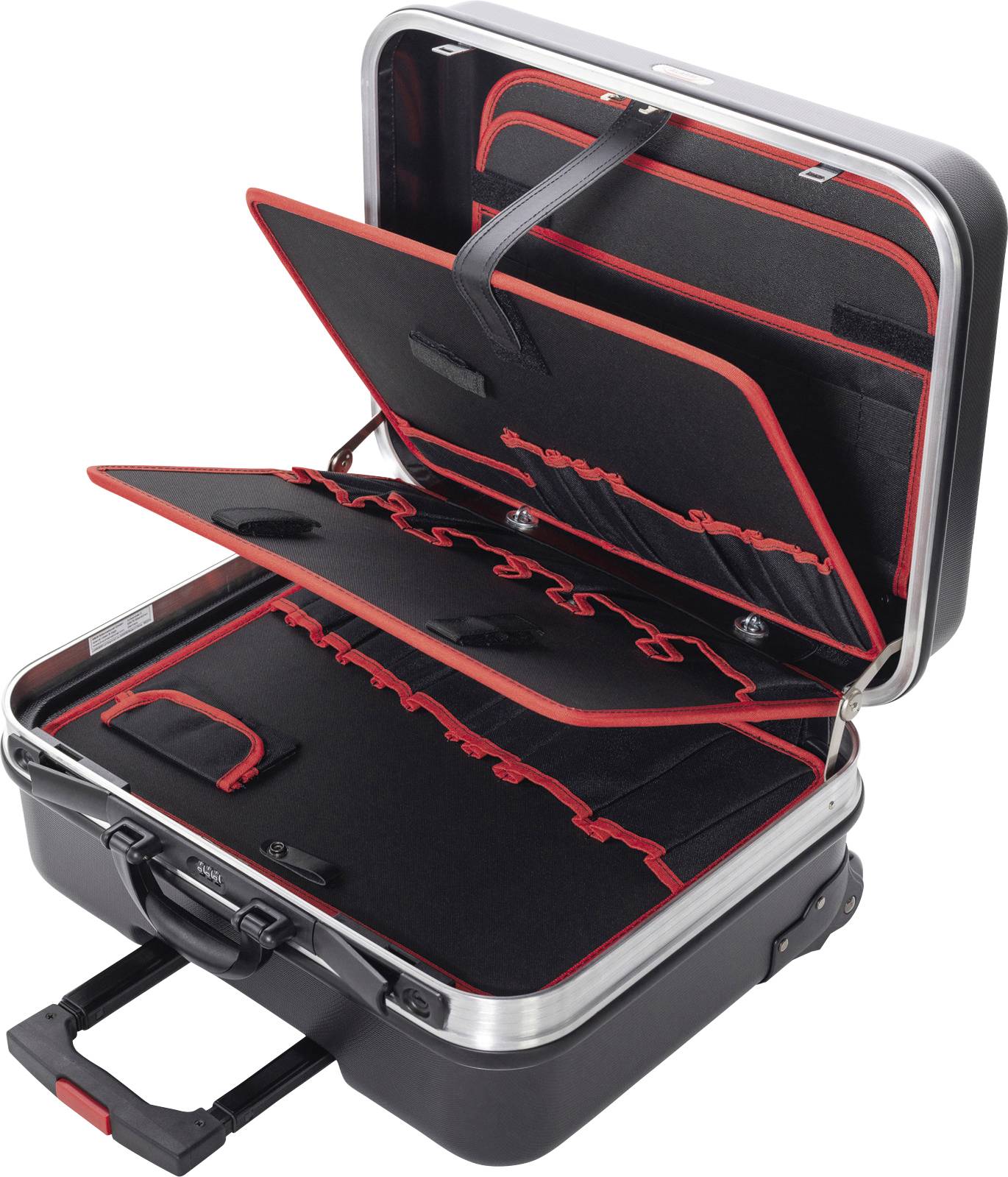 Valise ouverte avec compartiments intégrés pour organisateur, doublure rouge et sections pour outils ou appareils, équipée d'une poignée et de roues.