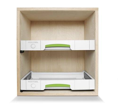 Un meuble en bois avec deux tiroirs coulissants équipés de poignées vertes et grises. Les tiroirs sont ouverts, révélant un espace intérieur vide.