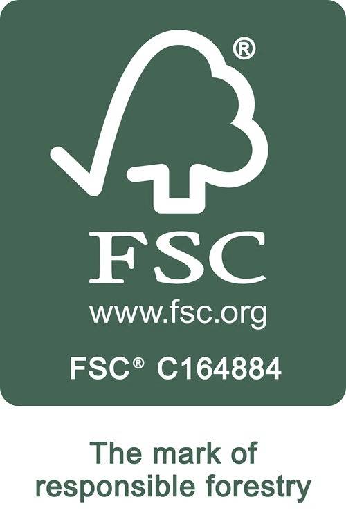 Logo FSC avec un symbole d'arbre et une coche. Texte : 'FSC www.fsc.org ; FSC C164884 ; La marque de la gestion forestière responsable.'