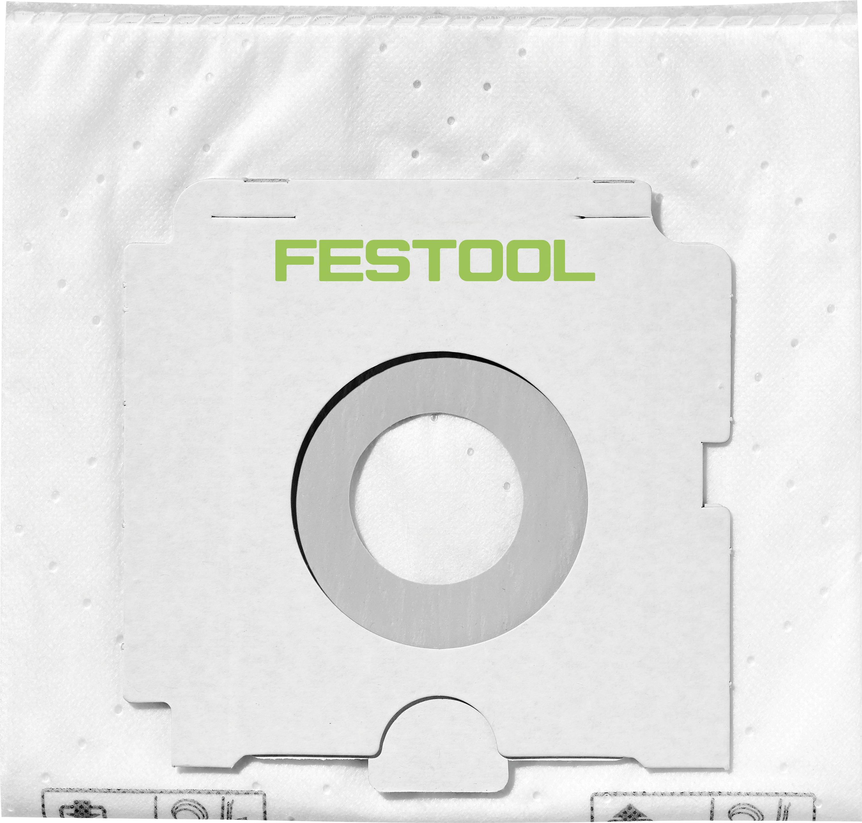 « Un sac d'aspirateur Festool avec une ouverture circulaire et le nom de la marque imprimé en vert, conçu pour la collecte des poussières. »