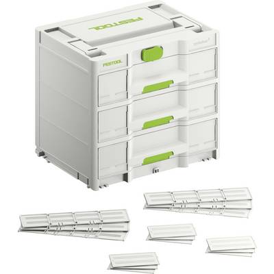 « Un boîtier de rangement modulaire blanc et vert avec plusieurs compartiments empilables, portant l'étiquette « Festool », entouré de plusieurs séparateurs. »