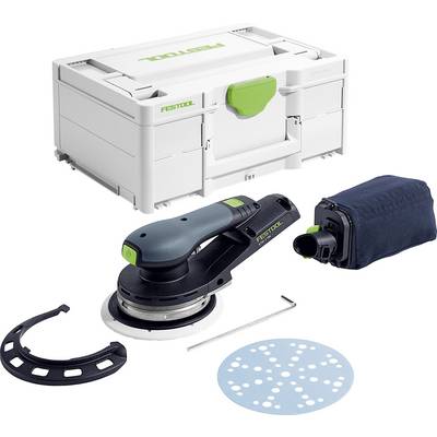 Un kit de ponceuse Festool comprenant une ponceuse, un sac à poussière, un coffret de transport, un disque de ponçage, une clé et une bague de positionnement.