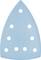 Une feuille de ponçage triangulaire bleue avec plusieurs trous circulaires disposés en rangées, utilisée pour poncer des surfaces avec une ponceuse de détail.