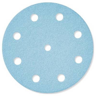 Un disque de ponçage circulaire bleu avec huit trous espacés uniformément.