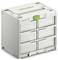 Un bac de rangement en plastique empilable avec un verrou vert et plusieurs compartiments, de la marque Festool, utilisé pour organiser des outils ou des matériaux.