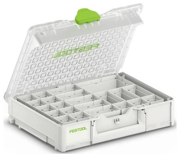 Une boîte de rangement grise ouverte avec une attache verte, dotée de plusieurs compartiments pour organiser de petits objets. La marque 'Festool' est visible.