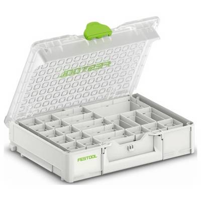 Une boîte de rangement grise ouverte avec une attache verte, dotée de plusieurs compartiments pour organiser de petits objets. La marque 'Festool' est visible.