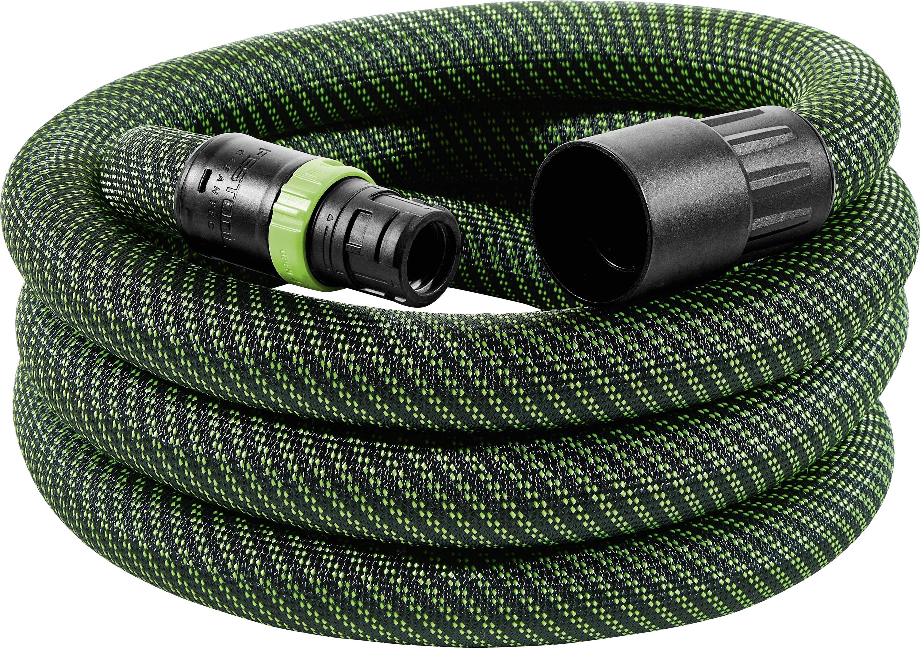 Un tuyau d'arrosage enroulé avec un motif vert et noir, équipé d'un raccord noir et vert, adapté à une utilisation extérieure pour l'eau.