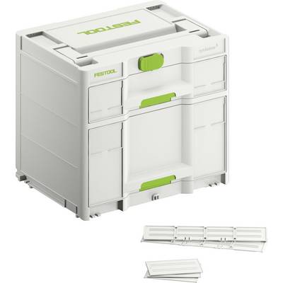 Un boîtier de rangement Festool Systainer³ blanc et vert avec des loquets, des compartiments et des séparateurs accompagnants, présentés séparément ci-dessous.