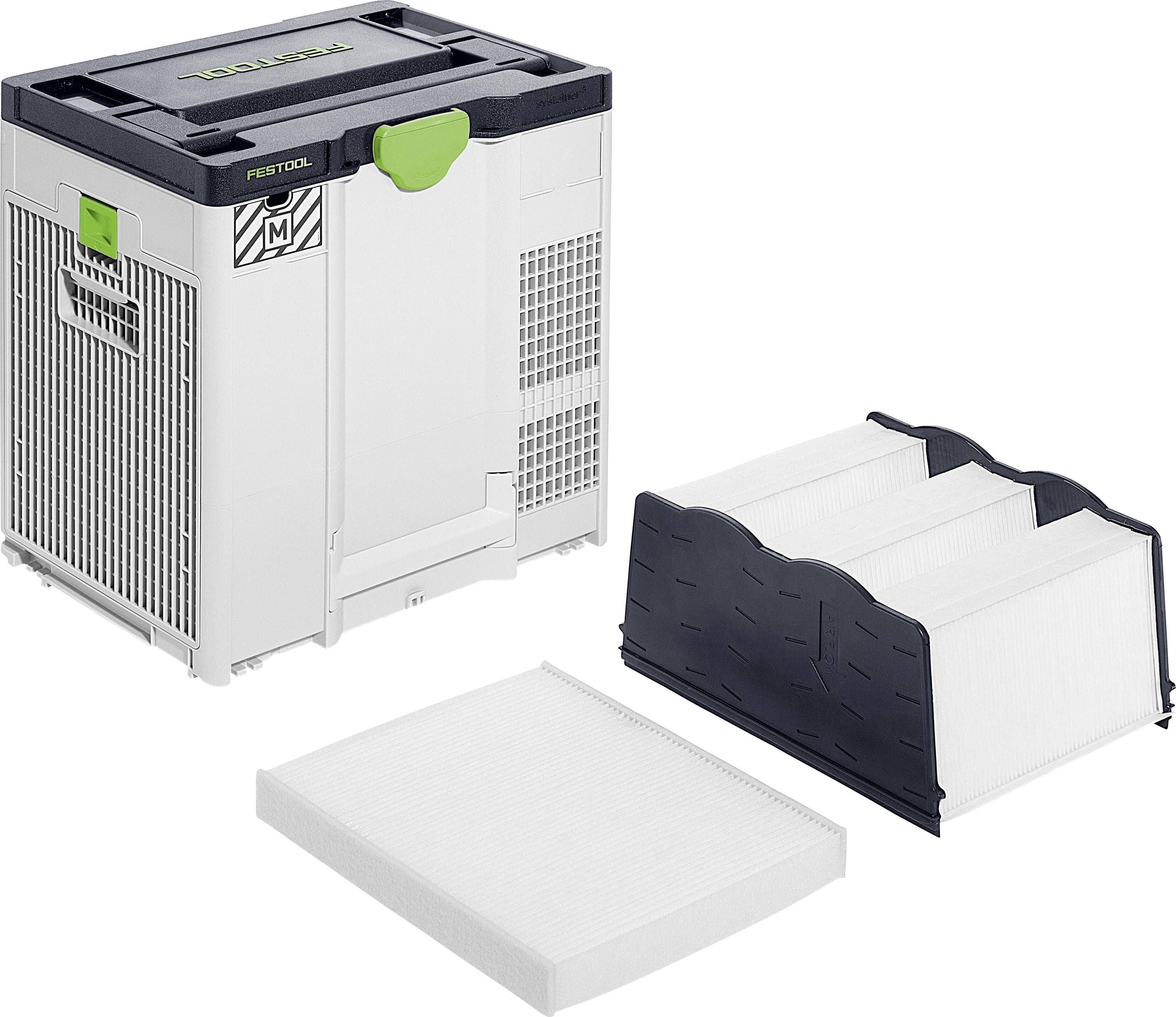 Un système de collecte des poussières Festool présentant un boîtier de rangement étiqueté en vert avec deux filtres blancs placés à côté, conçu pour un entretien efficace de l'espace de travail.