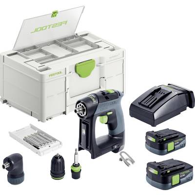 Un ensemble de perceuse sans fil comprenant un chargeur, deux batteries, différents forets et un coffret de rangement en plastique.