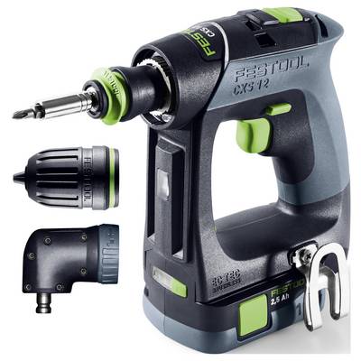 Ensemble de perceuse sans fil avec poignée ergonomique, trois adaptateurs et marquage 'Festool'. Comprend des adaptateurs standard, angulaires et décalés.