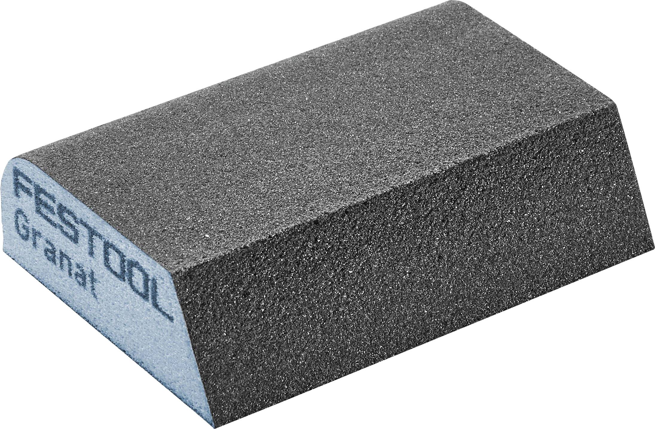 Un bloc de ponçage rectangulaire noir portant l'inscription 'Festool Granat' sur le côté, utilisé pour lisser les surfaces lors de travaux de menuiserie ou de projets domestiques.
