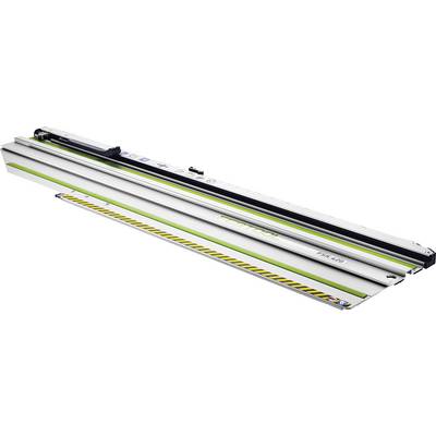Un rail de coupe avec un design argent et vert, doté de marqueurs de sécurité et d'indicateurs de mesure, utilisé pour des coupes linéaires précises.