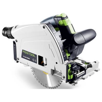 Une scie circulaire sur rail Festool TS 60 KEBQ dotée d'une lame circulaire argentée, de poignées ergonomiques et d'éléments de conception permettant des coupes de précision.