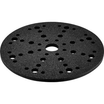 Un disque de ponçage noir rond avec plusieurs trous de différentes tailles, utilisé pour être fixé aux ponceuses électriques.