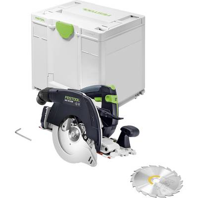 Une scie circulaire compacte Festool et sa boîte de rangement sont présentées. L'image met en valeur le design de la scie et comprend une lame de scie et un accessoire.
