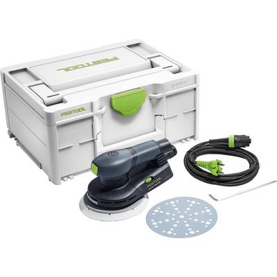 Un ensemble de ponceuse orbitale Festool comprend une ponceuse, un cordon d'alimentation, un coffret de transport blanc, un disque de ponçage et une clé hexagonale pour l'assemblage.