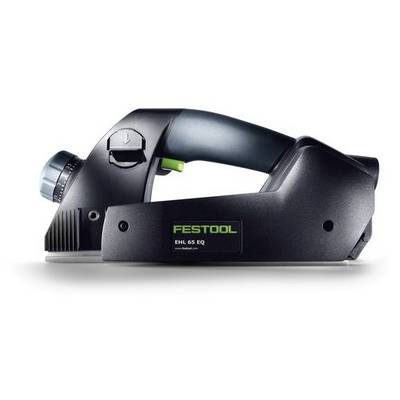 Rabot électrique compact Festool EHL 65 EQ avec poignée ergonomique, réglages ajustables et design élégant noir, conçu pour les travaux de menuiserie.