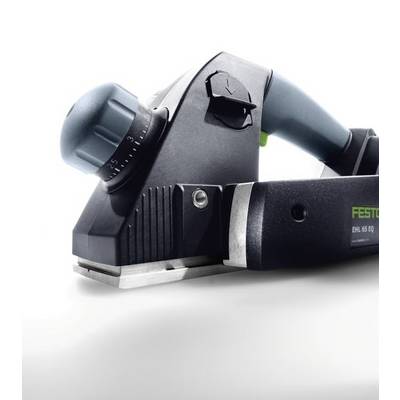 Un rabot électrique portable avec un cadran de profondeur réglable et une poignée ergonomique, conçu pour lisser les surfaces en bois.