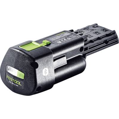 Un pack de batterie lithium-ion Festool noir et vert avec étiquette visible et spécifications, conçu pour les outils électroportatifs.