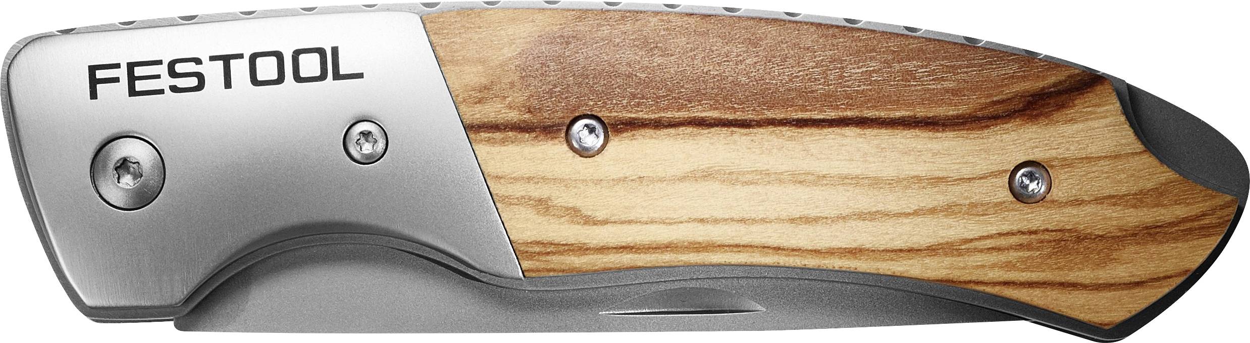 Un couteau de poche pliant avec un manche en bois et un côté en métal, gravé du mot « FESTOOL » sur la partie métallique.