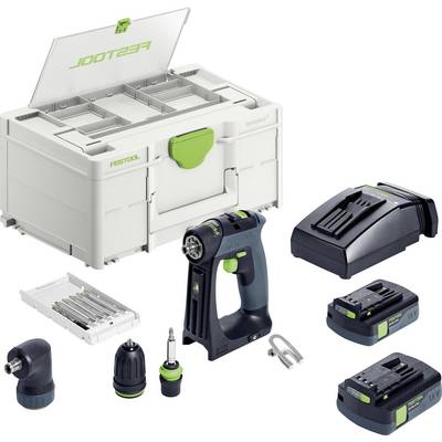 Ensemble de perceuse sans fil Festool comprenant une perceuse, deux batteries, un chargeur, des forets et des accessoires dans un coffret de rangement robuste.