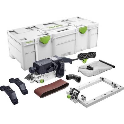 Une raboteuse Festool avec ses accessoires, comprenant une bande de ponçage, un sac à poussière, un tuyau et une mallette de transport. Adaptée aux travaux de menuiserie et de charpenterie.