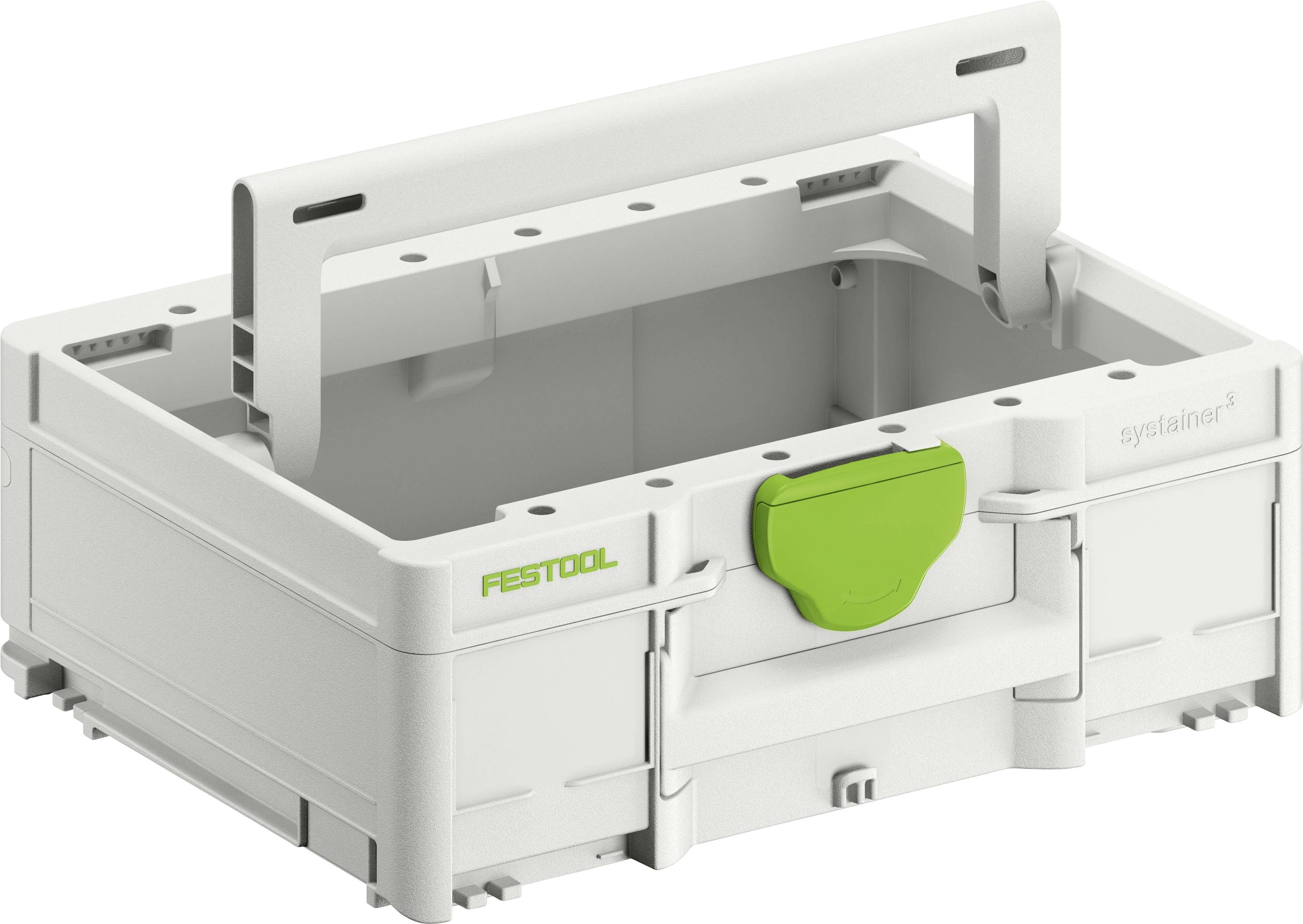 Boîte de rangement en plastique avec un loquet vert, de la marque Festool. Elle est équipée d'une poignée robuste et d'un design modulaire permettant un transport personnalisé ou un empilage.