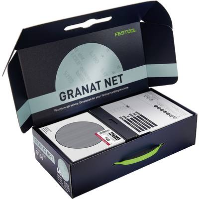 Une boîte de Festool Granat Net, un abrasif haut de gamme pour machines de ponçage, ouverte pour présenter les disques et les instructions à l'intérieur.